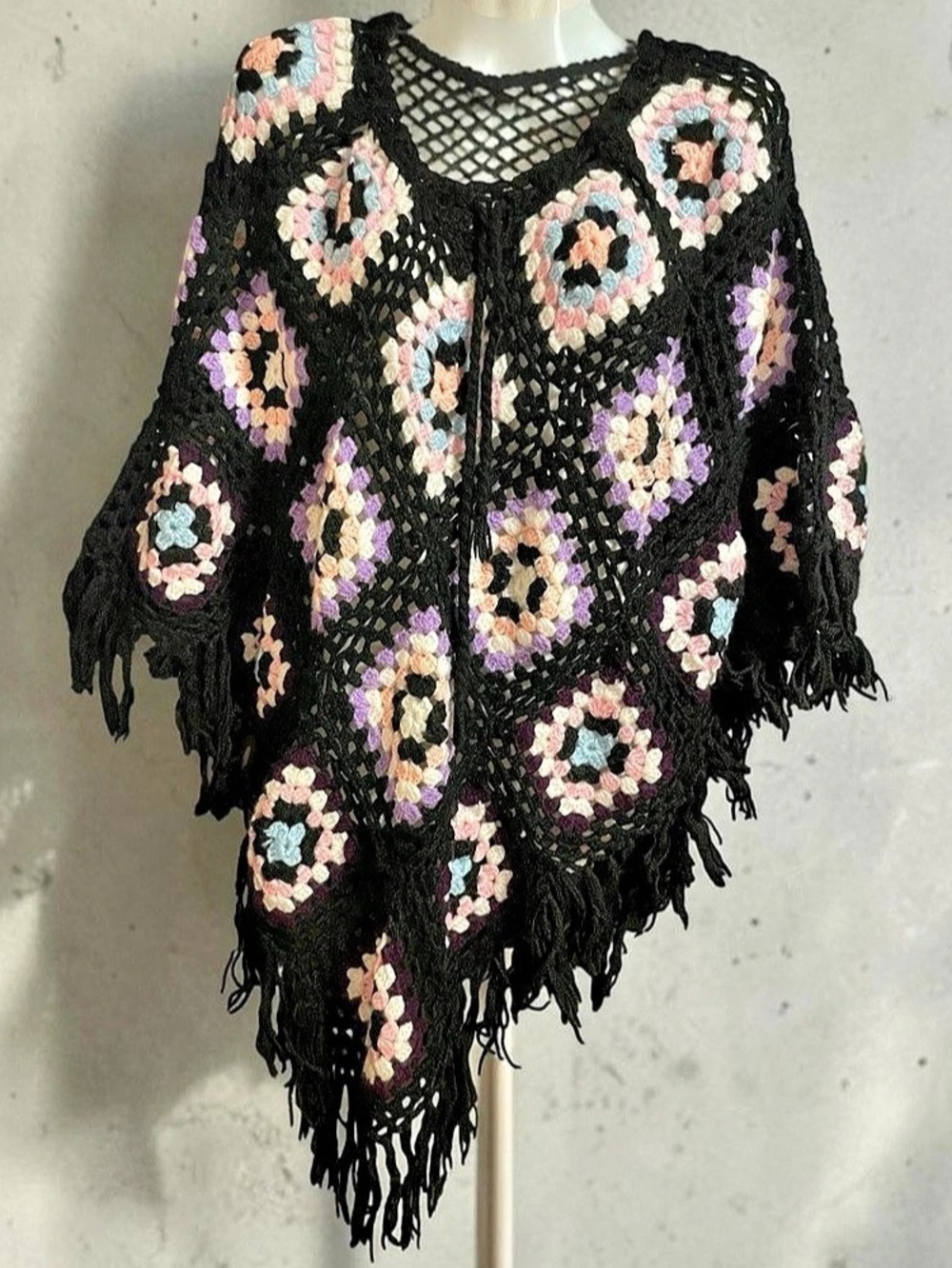 Crochet Floral Fringe Poncho in Black & Pink